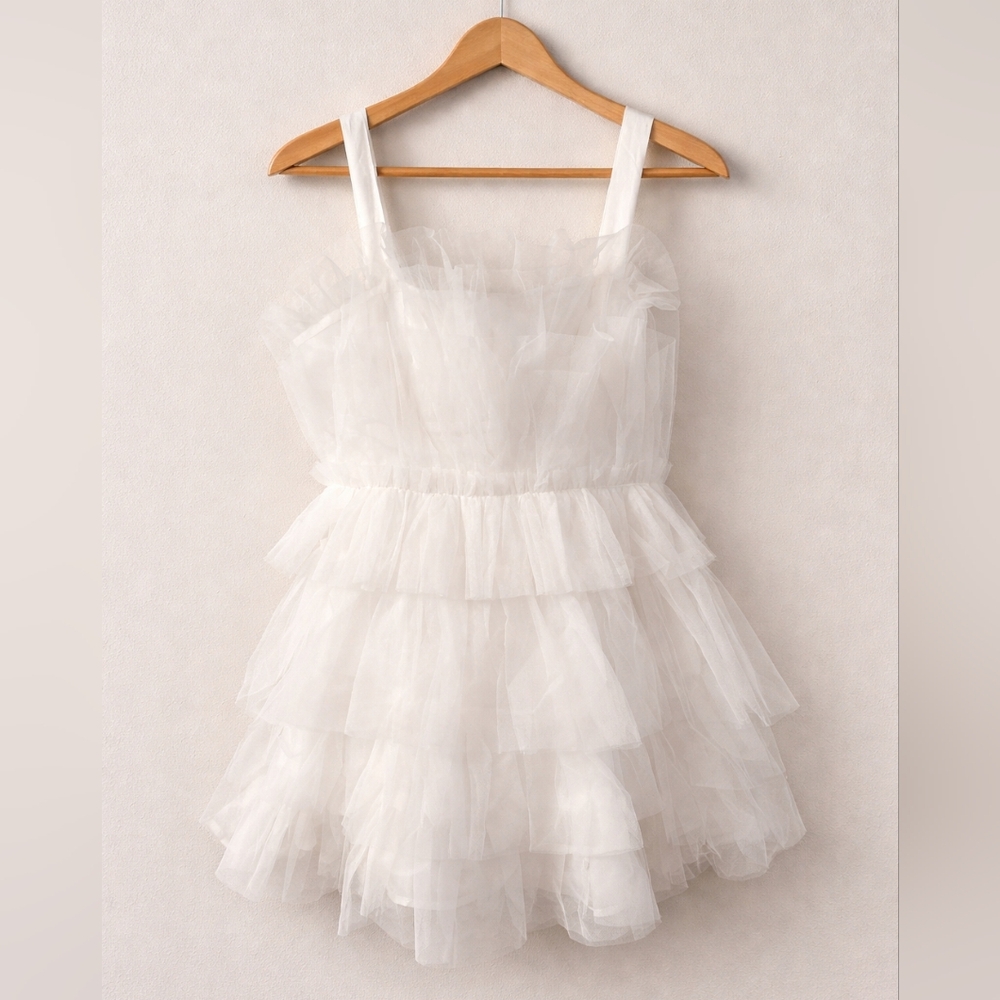 Storia White Tulle Ruffle Mini Dress L Fairycore Bridal Cottagecore Party